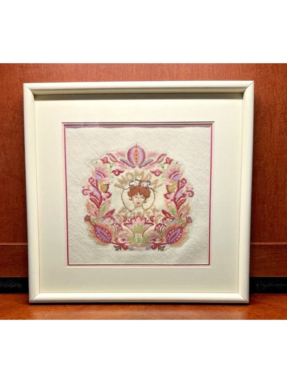 Vintage Framed Petit Point Needlepoint Woman Power Floral Art Nouveau Style